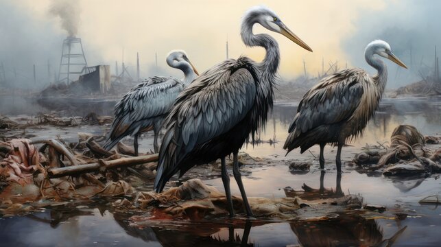Illustration of a white-necked crane in the midst of a natural disaster and environmental crisis	
