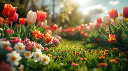 Beautiful well-kept spring garden. The green lawn emphasizes the full bloom of flowers in the mixborder. Diverse floral spectrum of tulips, daffodils, hyacinths. - obrazy, fototapety, plakaty