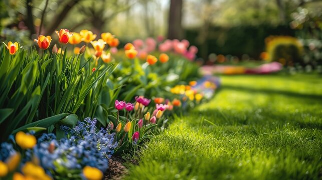 Beautiful well-kept spring garden. The green lawn emphasizes the full bloom of flowers in the mixborder. Diverse floral spectrum of tulips, daffodils, hyacinths.