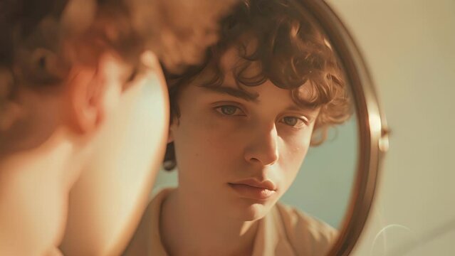 A person of nonbinary gender staring intently into a mirror examining themselves, female Contemplating Her Reflection in the Mirror