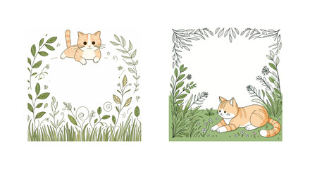 
Designer frame with a ginger tabby kitten lying on green grass, for children, executed in a vector style, on a white background, with empty space for your text.