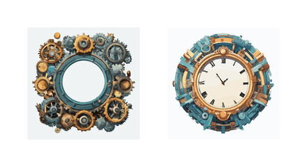 Stylish designer frame with clocks, gears, and mechanisms, executed in a vector style, on a white background, with empty space for your text.