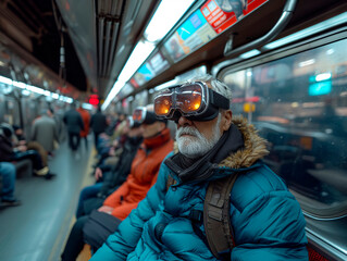 Elderly man virtual reality goggles, subway, future. Generated by AI