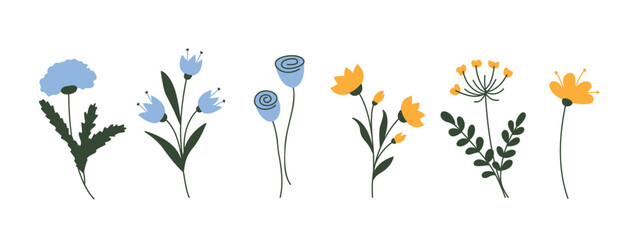 Fototapeta na wymiar boho flower set, blue and yellow flowers collection, floral art vector design elemens