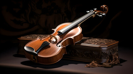 Vintage Fiddle: Intricate Craftsmanship under Soft Glow of Ambient Light, A Testament to Timeless Musical Tradition