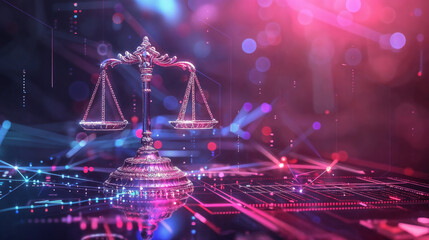 Balanced Scale Symbolizing Justice and Legal System in Futuristic Digital Space with Abstract Graphics and Technology Indications; Calculator or Smartphone Representing the Interface between Justice a - obrazy, fototapety, plakaty