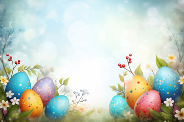 Fototapeta na wymiar Colorful Easter Eggs and Spring Flowers Background