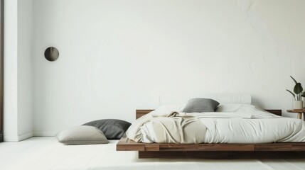 Modern Minimalist Bedroom with Platform Bed and Floor Pillows AI Generated.