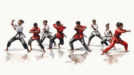 Fototapeta na wymiar Karate martial arts athletes fighting, watercolor illustration style. 