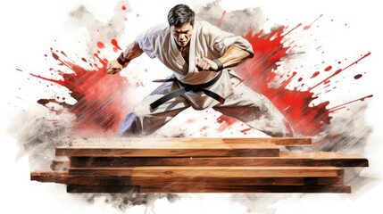 Karate martial arts athletes fighting, watercolor illustration style.