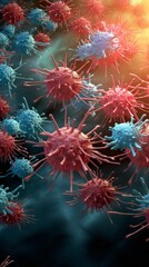 A 3D rendering captures red and blue germs in an immune battle on a black background, illustrating the unseen, vibrant clash within the body's defenses.