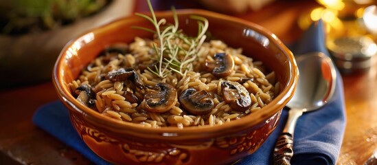 Obraz na płótnie Canvas rich and creamy bowl of orzo pasta, adorned with seared baby bella mushrooms in an orange ceramic dish