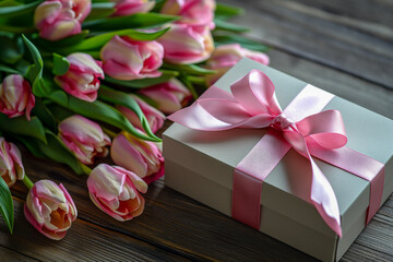 Obraz na płótnie Canvas Gift Box with Pink Ribbon Beside Fresh Tulips