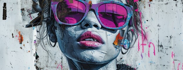 Edgy Fashion Display: Model in Purple Sunglasses with Torn Paper and Concrete Graffiti