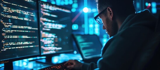 Dark web programmer or developer, utilizing technology for cybersecurity, ransomware, phishing, and coding, to create software that exploits IoT bugs and scams for safety.
