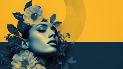Minimalist Collage: Woman's Face with Floral and Geometric Shapes on Yellow and Navy