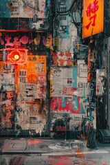 City Vibes Collage: Neon Lights, Street Artistry, and Maps Amidst Peeling Posters