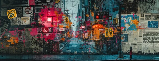 Street Art, Neon Signs, and City Maps with Newspaper Textures