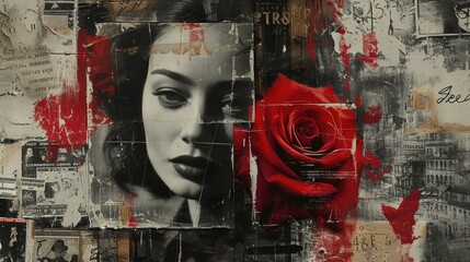 Monochromatic Memories with a Red Rose Flourish: A Collage Blending Nostalgic Photographs and Stark Color Contrasts for a Romantic Vibe