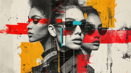 Avant-Garde Fashion Collage: Monochrome Portraits with Primary Color Splashes and Geometric Shapes