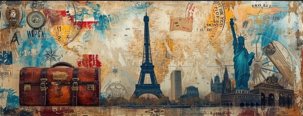 Vintage Travel Collage: Suitcases, World Maps, and Famous Landmarks Adorned with Passport Stamps and Ticket Stubs - obrazy, fototapety, plakaty