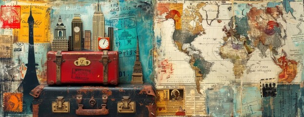 Adventure Awaits Collage: Travel Essentials with Vintage Flair, Featuring Suitcases, Maps, and Landmarks - obrazy, fototapety, plakaty