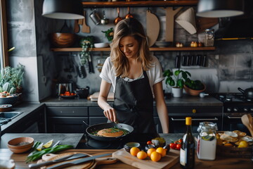 Woman in apron flipping pancake in skillet at a rustic home kitchen in morning light. Concept for the Shrovetide Day banner - obrazy, fototapety, plakaty
