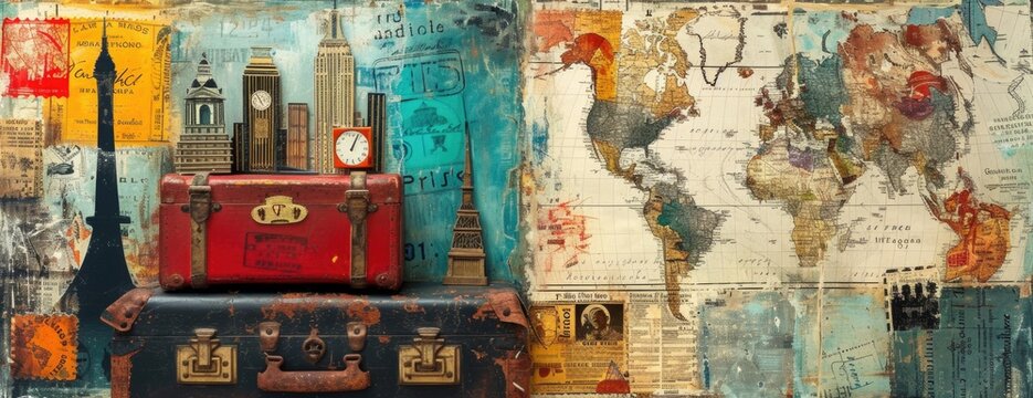 Fototapeta Adventure Awaits Collage: Travel Essentials with Vintage Flair, Featuring Suitcases, Maps, and Landmarks