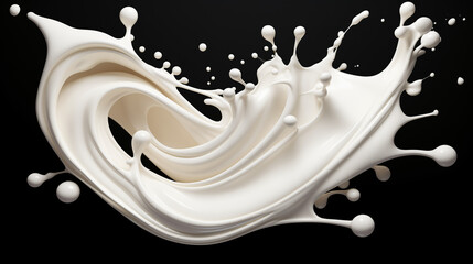 White milk or yogurt splash in wave shape isolated on black background. An element for creating collages for advertising and product presentations