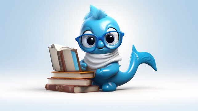 Cartoon illustration of a dolphin mascot learning to read a book wearing glasses.