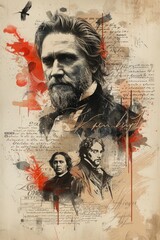 Fototapeta premium Ink and Imagination Collage: Writers and Poets Portraits Blended with Vintage Writing Tools