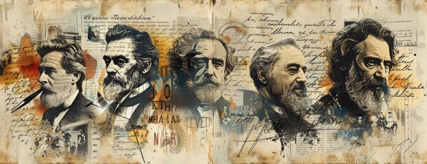Literary Legends Collage: Portraits of Poets and Writers with Handwritten Letters and Quill Pens - obrazy, fototapety, plakaty