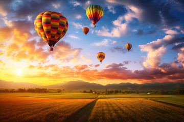 Colorful hot air balloons over blooming field meadow at sunset