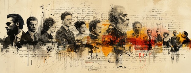 Ink and Imagination Collage: Writers and Poets Portraits Blended with Vintage Writing Tools - obrazy, fototapety, plakaty