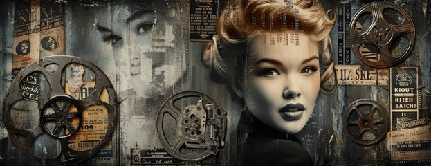 Old Hollywood Splendor Collage: Elegant Starlets, Film Reels, and Vintage Tickets in Monochrome