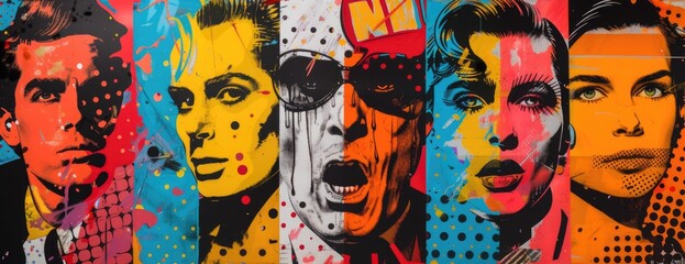 Pop Art Explosion Collage: Iconic Figures with Comic Book Exclamations and Polka Dots
