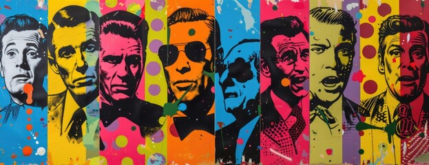 Bold and Colorful Pop Art Collage: Iconic Portraits Mixed with Vibrant Comic Elements