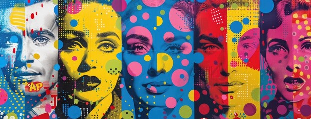 Naklejka premium Saturated Pop Icons Collage: Bright Portraits, Comic Exclamations, and Polka Dots in Primary Colors