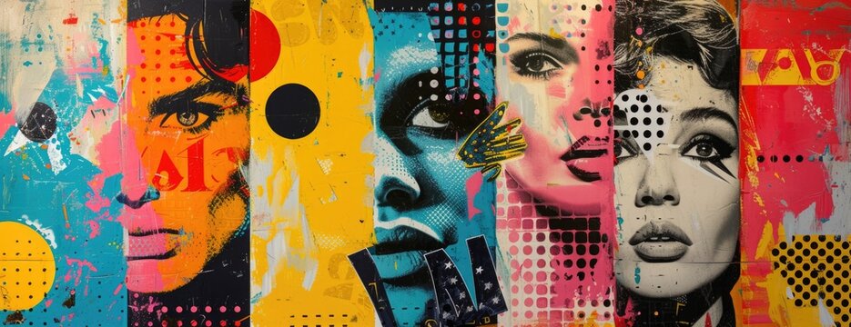 Vibrant Pop Culture Collage: Iconic Figures, Comic Exclamations, and Polka Dots in Saturated Colors