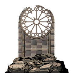 Medieval rose window in ruins. stone background over cloudy sky