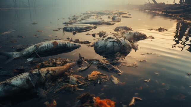 Water pollution kills habitats, fish carcasses appear.