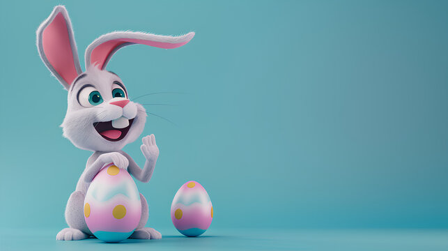 cute animate Easter rabbit posing with his arms on a pastel background