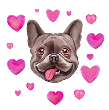 Illustration of a French bulldog on a pink hearts background