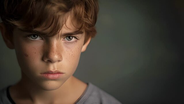 A teenage Caucasian boy his face displaying confusion and anger as he grapples with his own privilege and the discrimination faced by others, Close Up of a Young Boy With Freckles on His Face