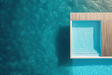 An aerial photograph showcasing a swimming pool with a wooden deck floating in the ocean.