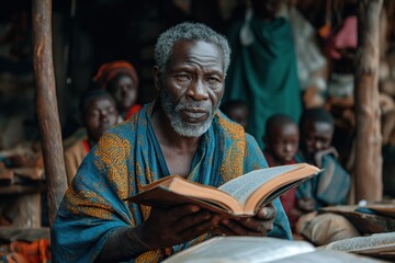 A man is seen reading a book while standing in front of a group of people, actively sharing the gospel of Jesus. - obrazy, fototapety, plakaty