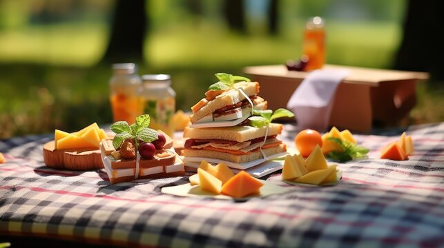 Appetizers of snack sandwiches and cakes at outdoor tables, with the feel of a sunny holiday picnic in a park.