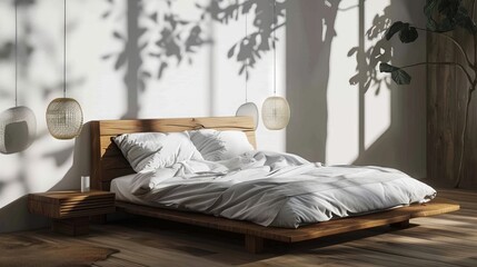 Simple and Serene Bedroom with Minimalist Wooden Bed Frame AI Generated.
