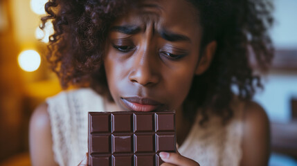 A woman holding a chocolate bar with a sad expression. Concept of resisting, stress and illness