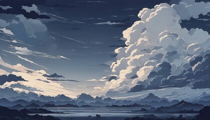 An atmospheric anime setting with dramatic clouds brewing before a storm